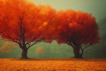 Fototapeta na wymiar autumn in the forest secnic view illustration landscape fog river vibe 
