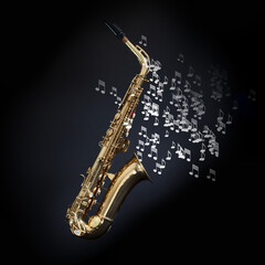 Fototapeta na wymiar Saxophone with musical notes coming out the bell