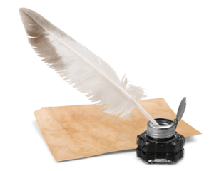 White feather quill pen, glass inkwell and old letter isolated on a white background