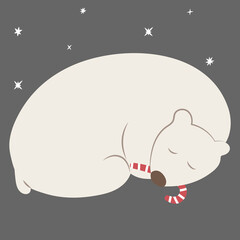 Polar bear sleep with candy cane under stars sky on grey background. festive clip art for Christmas or new year card