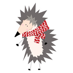 Adorable gray hedgehog in striped scarf in flat style. Vector clip art for Christmas or new year.