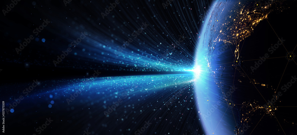 Poster system for digital data transmission. connection lines around earth. global international connectivi