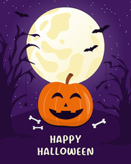 Fototapeta premium Happy Halloween Background vector illustration, flyer. Moon, trees, spiders with halloween pumpkin on purple background.