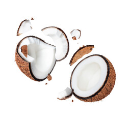 Crushed coconut close up in the air isolated on white background - obrazy, fototapety, plakaty