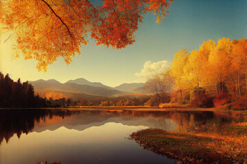 Naklejka na ściany i meble autumn chateau view secnery beautiful river moutain digital painting 