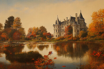 Obraz premium autumn chateau view secnery beautiful river moutain digital painting 