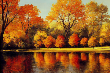 Fototapeta premium autumn chateau view secnery beautiful river moutain digital painting 