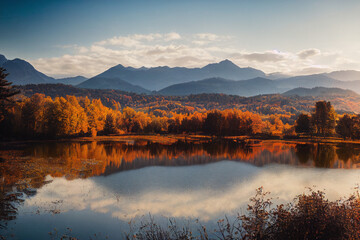 Fototapeta na wymiar autumn chateau view secnery beautiful river moutain digital painting 