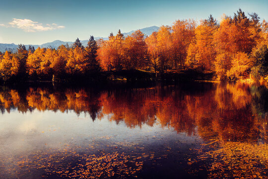 autumn chateau view secnery beautiful river moutain digital painting 