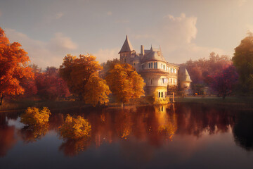 Obraz premium autumn chateau view secnery beautiful river moutain digital painting 