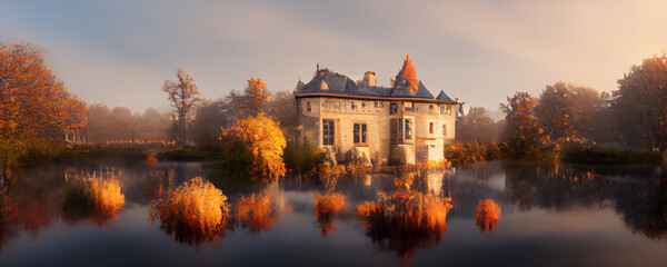 autumn chateau view secnery beautiful river moutain digital painting 