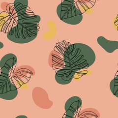 Floral seamless pattern with philodendron and monstera leaves on a pink background with color blots. Hand drawn design for fabric, print, cover, banner and invitation, vector illustration.