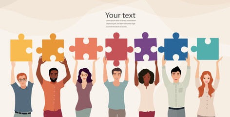 Group of diverse culture people with raised hands holding and connecting jigsaw puzzle pieces. Colleagues co-workers collaborators who cooperate together. Collaborate. Banner copy space