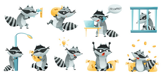 Raccoon Burglar with Striped Tail Wearing Mask Stealing and Hacking Vector Set © Happypictures