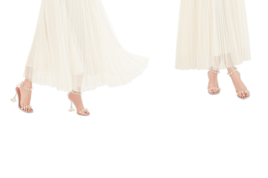 Young woman in elegant dress, white shoes standing with transparent background