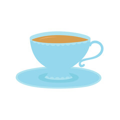 Blue cup of tea or coffee and saucer. Hand drawn flat style design. Isolated vector illustration