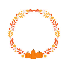 Round frame with autumn twigs, berries and pumpkins. Template for autumn decorative design