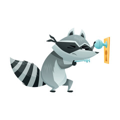 Raccoon Burglar with Striped Tail Wearing Mask Breaking Door Lock Vector Illustration