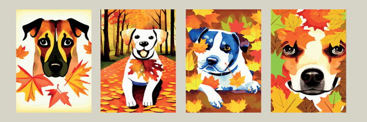 walking  Dog in Autumn. Autumn is here, outdoor activity concept. Float vector illustration.