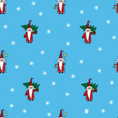 Christmas seamless pattern with gnomes, trees and snowflakes