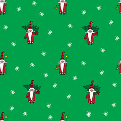 Christmas seamless pattern with gnomes, trees and snowflakes