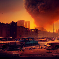Obraz premium The world after the atomic bomb, nuclear war, post-apocalyptic city, abandoned city