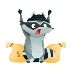 Raccoon Burglar with Striped Tail Wearing Mask Caught Red-handed with Sack of Money Vector Illustration