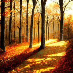 Autumn forest landscape background. Sky and nature with sun light. 3D image. Used neural network for drawing.