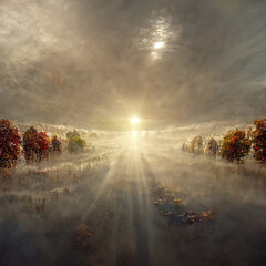 Amazing foggy autumn landscape. Idyllic, peaceful, misty wild nature scenery. 3D illustration.