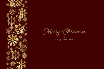 Merry Christmas and Happy New Year greeting card design with golden stars and snowflakes decorated on Christmas background for banners, posters, or cards.