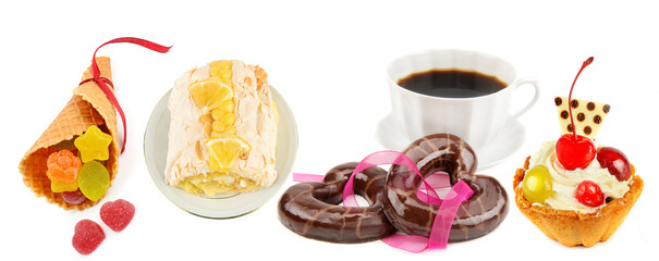 Cup of coffee, cake and cookies isolated on white . Collage. Wide photo.