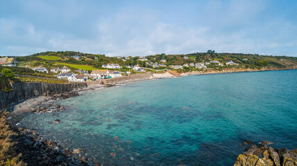 The bay and beach at Coverack, a picturesque Cornish fishing village. It is situated on the eastern coast of the Lizard peninsula.