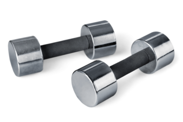 Modern dumbbells  from bright steel isolated on white background. Sports equipment closeup