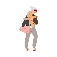 Young Woman Refugee with Baby and Handbag Leaving Homeland Fleeing from War Conflict Seeking Asylum Vector Illustration
