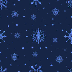Seamless pattern of snow flakes on a dark blue background. Vector illustration. Winter Christmas New Year decoration for packaging, wrapping paper, greeting card.