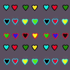 Hand-drawn doodle pattern with hearts. Seamless pattern for lovers, for Valentine's Day, or the day of the Wedding, with beautiful background with pink red,green, yellow, blue hearts.