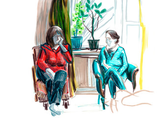 Two women sit in armchairs and talk