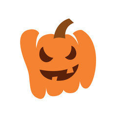 A minimalist illustration of a spooky Halloween pumpkin (Jack-o'-lantern) with a mischievous grin, sharp triangular eyes, and a brown stem, giving it a haunted and playful appearance.
