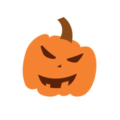A minimalist illustration of a spooky Halloween pumpkin (Jack-o'-lantern) with a mischievous grin, sharp triangular eyes, and a brown stem, giving it a haunted and playful appearance.