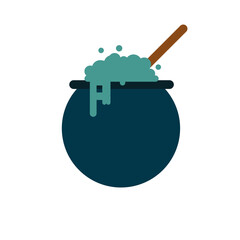 A minimalist illustration of a witch's cauldron filled with bubbling green potion, with some liquid dripping over the edge and a wooden stirring stick inside, commonly associated with Halloween 