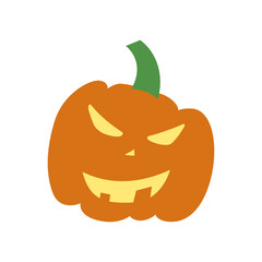 A minimalist illustration of a spooky Halloween pumpkin (Jack-o'-lantern) with a mischievous grin, sharp triangular eyes, and a brown stem, giving it a haunted and playful appearance.