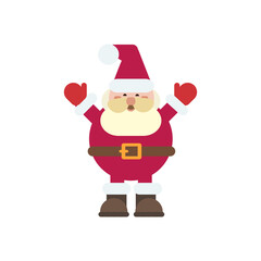 A minimalist illustration of Santa Claus wearing his traditional red suit with white fur trim, a black belt, red mittens, brown boots, and a Santa hat, with arms raised in a joyful pose.
