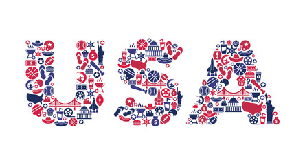 USA word icon set - red, white and blue - vector illustration