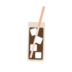 A minimalist illustration of a glass of iced coffee with ice cubes and a pink straw, representing a refreshing cold coffee beverage ideal for warm days.