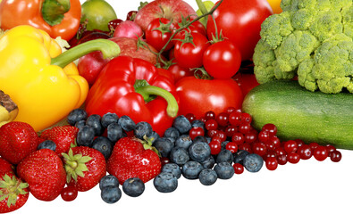 Assorted produce - bell peppers, apples, berries, blueberries, strawberries, broccoli, banana and grapes