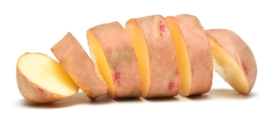 one sliced raw potato close up, the object is isolated on a white background