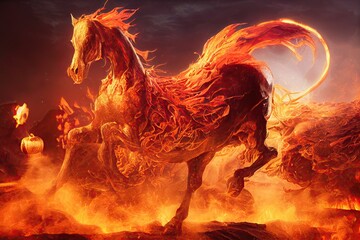 Obraz na płótnie Canvas A fiery horse running through a rocky, lava-infested terrain. A hellish theme for Halloween night. 3D illustration.