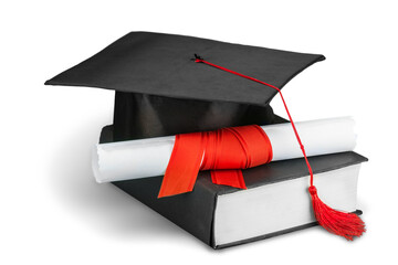 Black Graduation Cap with Degree Isolated on White Background.