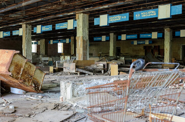 Vandalised and rusty supermarket of Prypiat. Chernobyl Exclusion Zone, Ukraine