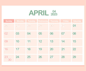 Fototapeta na wymiar Calendar for year 2023. April. Office Corporate planner template in pastel colors. Wall or Desktop calendar page. Minimalism. Week starts on Sunday. Vector illustration 